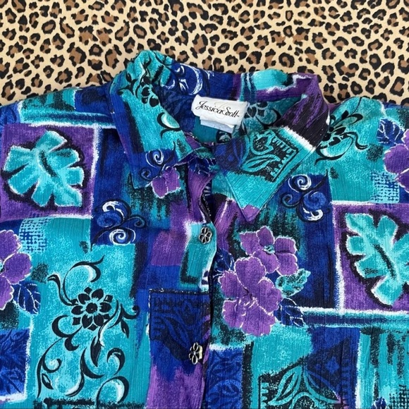 Vintage Shirt Funky 80s Print Collared Short Sleeved Top Light Shoulder Pads - Picture 5 of 9